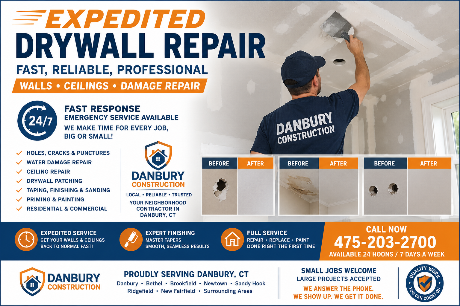 Drywall Repairs are mad by Danbury Construction
